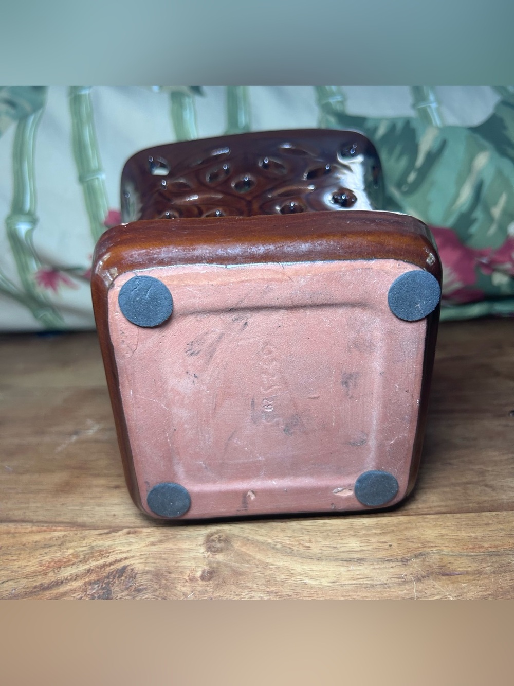 Ceramic Orchid Pot with Attach Tray and Cut Out Sides Glossy Brown - Picture 3 of 7